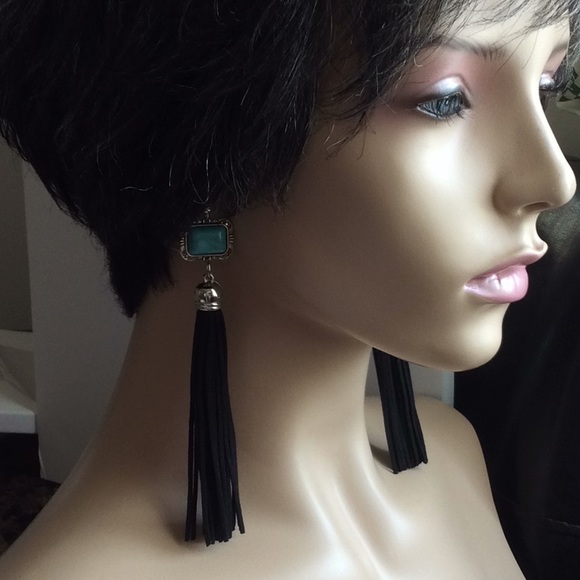 Turquoise & Leather Tassel Earrings - Picture 6 of 7